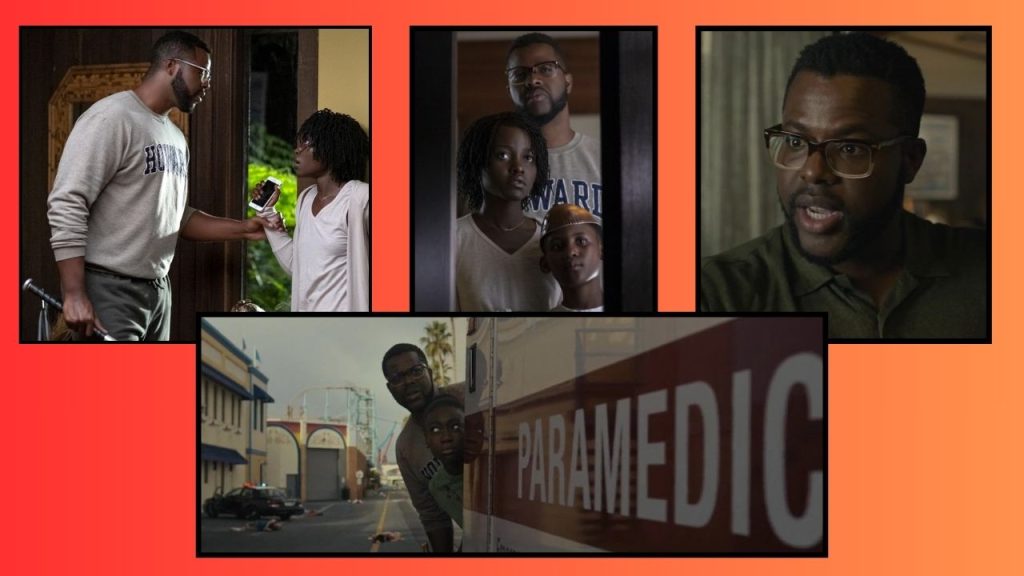 Red and orange background featuring four framed movie stills of Winston Duke in Us. The first shows him wearing sweats and holding a bat. The second features him with his wife and child as they look out from a doorway. In the third, he is looking worried. The fourth features him and his daughter, staring out from behind an EMT vehicle. Behind them lay a handful of bodies in an obvious post-apocalypse scene.