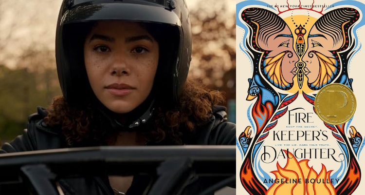 On the left is Ginny Miller from Ginny and Georgia riding a motorcycle. On the right is Firekeeper’s Daughter by Angeline Boulley with an illustration of two women's faces making a butterfly over a fire.