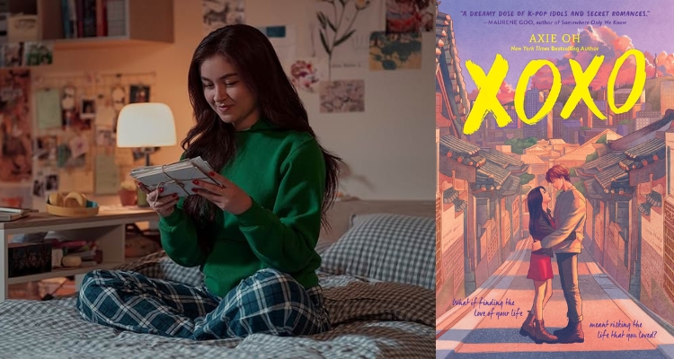 Left side shows Kitty Covey from XO, Kitty on her bed in her bedroom looking at a stack of letters. Right side shows the cover for XOXO by Axie Oh, depicting Jenny and Jaewoo standing in the middle of a street in the neighborhood. They're holding each other as they gaze into one another's eyes.