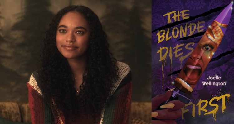 On the right is Tabitha Haworthe from Pretty Little Liars: Original Sin smiling at someone off-screen. On right is the cover for The Blonde Dies First by Joelle Wellington, an illustration of Devon's scream face reflecting off a knife being held by a manicured hand in front of a purple background with slash marks.