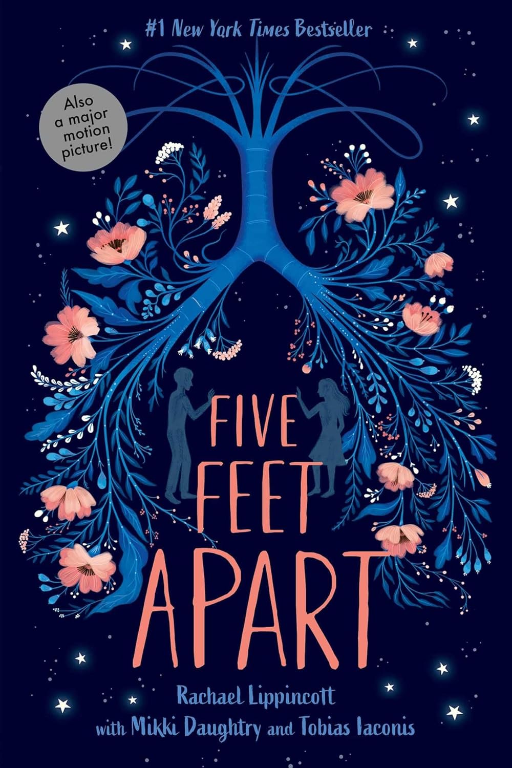 Five Feet Apart by Rachael Lippincott, Mikki Daughtry, and Tobias Iaconis book cover. A pair of lungs comprised of a floral pattern. Two silhouettes of a boy and a girl standing beneath each lung.
