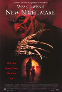 Wes Craven's 1994 horror film, New Nightmare, poster depicting a monster man with razer claws on his hands super-imposted over a woman and child.