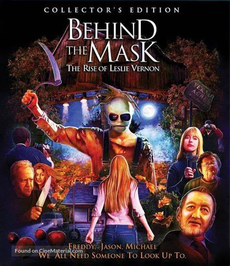 Horror movie cover - Behind the Mask: The Rise of Leslie Vernon. Colourful cover with the cast drawn in various poses. Background of a house with then moon and lights shining on then villain who is wearing a mask and holding a scythe.