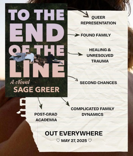 To the End of the Line book cover overlapping a crinkled lined paper with book tropes being point to by arrows from the cover.