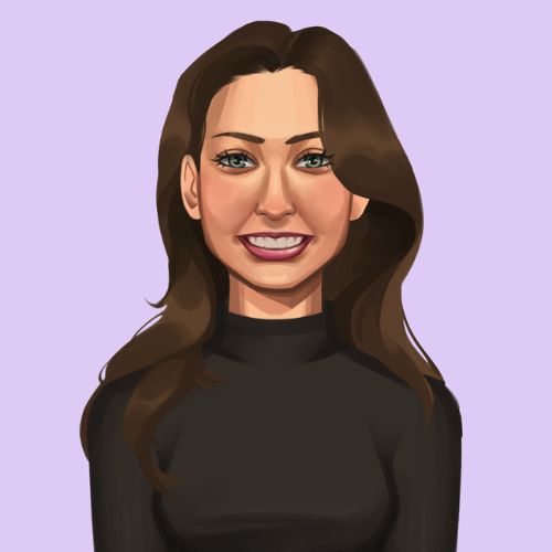 Illustrated profile of author Sage Greer, lavender background, brunette white woman in a black turtle neck.