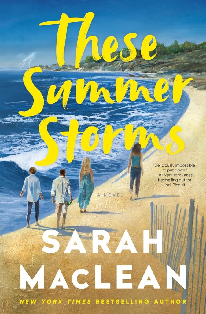 These Summer Storms by Sarah Maclean book cover. Depicts a coast with four people walking along the water.