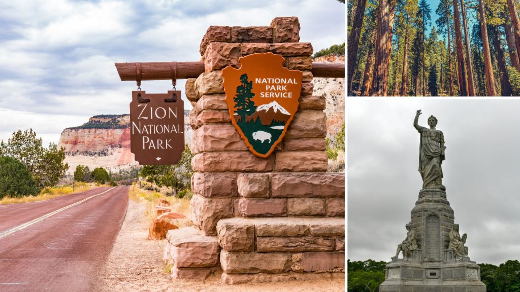 collage of Zion National Park entrance, Sequoia National Park, and National Monument to the Forefathers