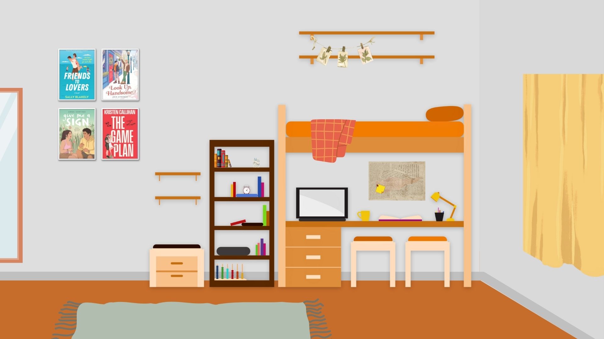 A college dorm room snapshot with bookshelves, a loft bed with a desk and chairs underneath. On the wall are pictures of book covers, curtains, and more bookshelves.