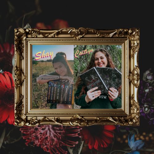 Shay and Caitlyn from bookstagram account @bound.in.darkness on a dark floral background with their images inside a gold frame.