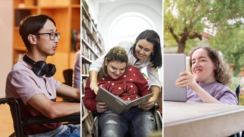 A man in a wheelchair with headphones around his neck, two women in a library — one in a wheelchair — holding a book, and one woman in a wheelchair at the park reading on a tablet