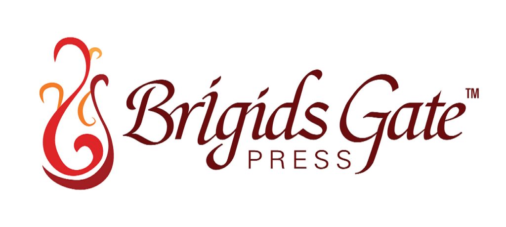 The logo for Brigids Gate Press. There is an artful filigree of a flame of fire, in dark red, light red, and orange colors.