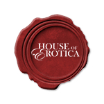 A red wax seal with the words "House of Erotica" in the middle in white text.