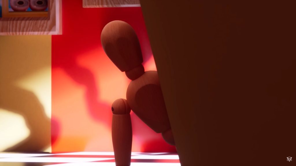 A wooden mannequin peeks out from behind a shadowed wall. Behind it is a yellow and red background with a black and white tiled floor; a framed picture can be seen in the top left corner.