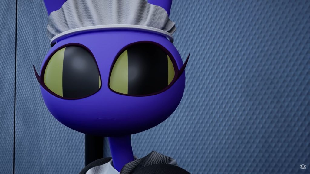Jax, a purple bunny wearing a maid headpiece, stares off into the distance with large eyes and no mouth. The background behind him is bumpy metal.