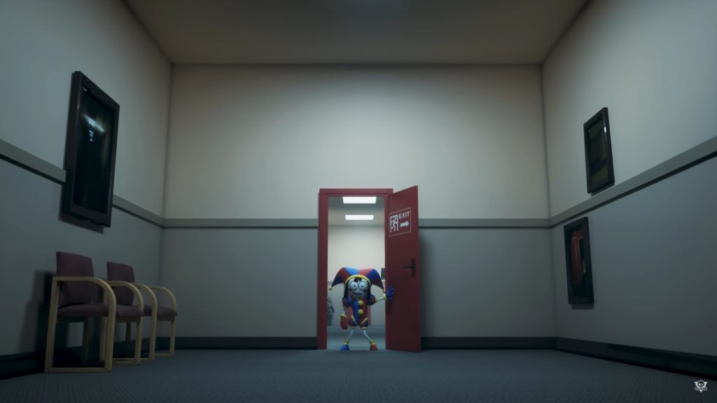 Pomni, a short, white-skinned young woman in a blue and red jester outfit, stands with a terrified expression in an open doorway, her knees bending toward each other. The open red door has an exit sign on it. Behind her is a brightly lit hall, and surrounding the doorway is an empty room in an office building, dimly lit, with gray walls, two chairs on the left, and what appear to be various panels on either side.