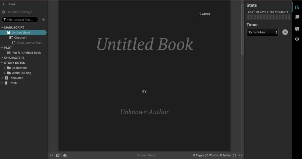 Dashboard of the writing program Dabble Writer. On the left hand side is an area for organization and folders, including folders for characters, plot, story notes, and the manuscript. On the left hand side are the stats showing how much you wrote in this project, as well as a writing timer. The middle is a blank cover page to start the story. It is dark mode so everything is black and white.