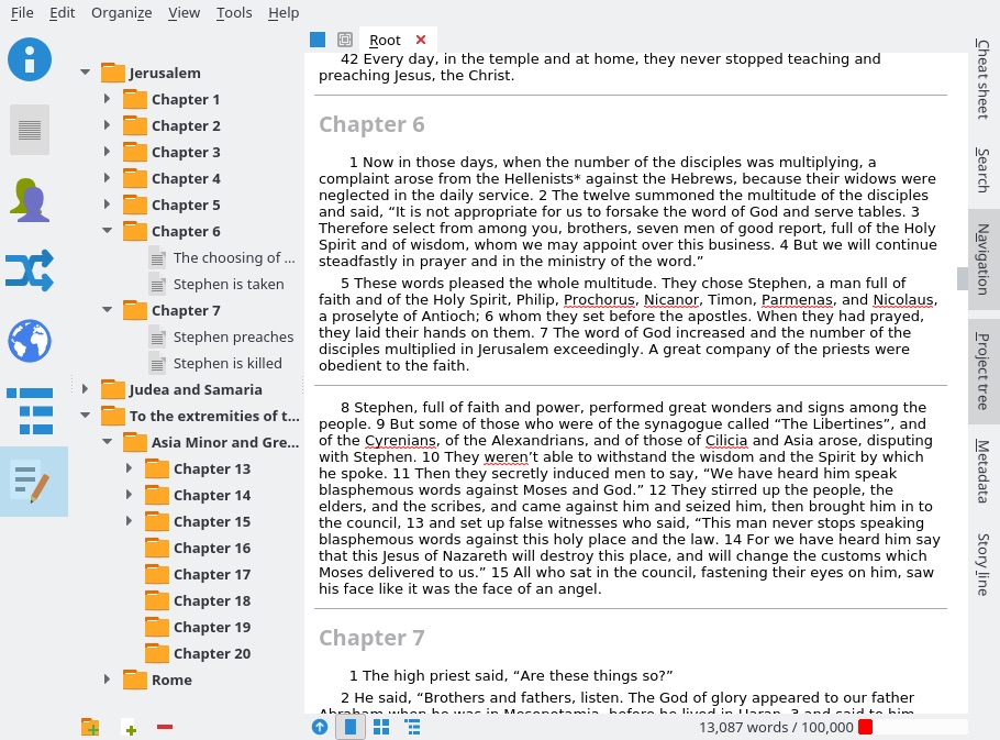 Dashboard of the writing program Manuskript. The left hand side shows all the folders for each chapter to organize it. Further left are icons to direct you to different places in the app. On the right hand side are tabs that take you to different areas of your project. In the middle is the project, and everything is in white.