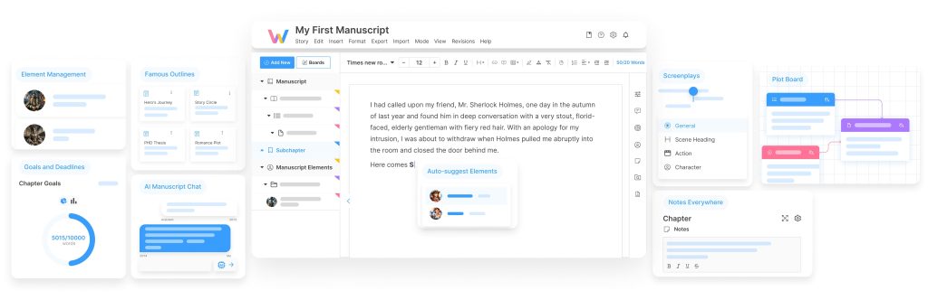 Dashboard of the writing program LivingWriter. The middle image shows the full dashboard, with the folders on the side for characters. scenes, and chapters. The rest of the dashboard is the manuscript to write in. There are note pages on the side of the dashboard, looking like sticky notes next to it. Everything is in white, as it is not in Dark mode.