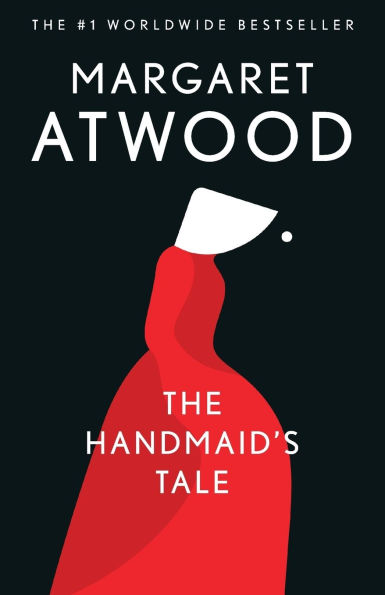 Book cover of "The Handmaid's Tale" by Margaret Atwood. Features a minimalist silhouette of a woman in a red cloak and white bonnet on a black background.
