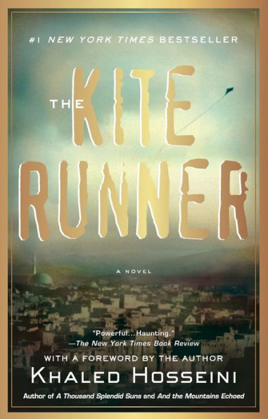 Book cover of "The Kite Runner" by Khaled Hosseini. A hazy sky with a distant kite and a cityscape below. Text highlights its bestseller status and reviews.