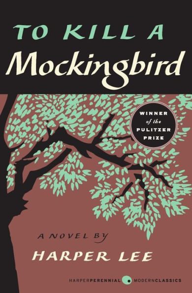 Book cover of "To Kill a Mockingbird" by Harper Lee. Features a stylized tree with green leaves on a brown background. Includes "Winner of the Pulitzer Prize" badge.