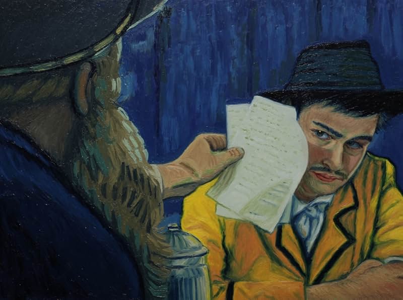 A still from Loving Vincent. An oil painted illustration of a bearded man holding up two pieces of white paper in front of a man in a black hat with a yellow suit. The background behind them is blue.