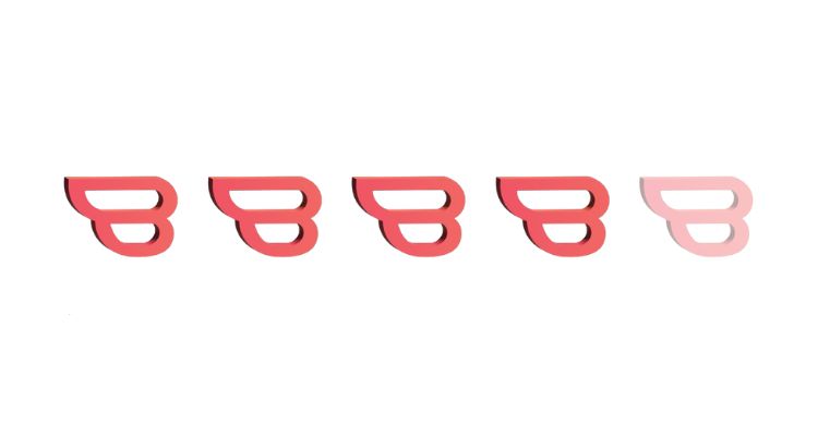 Five pink Bookstr B logos in a row, 4 of which are opaque and the final 1 of which are transparent, symbolizing 4 out of 5 stars.