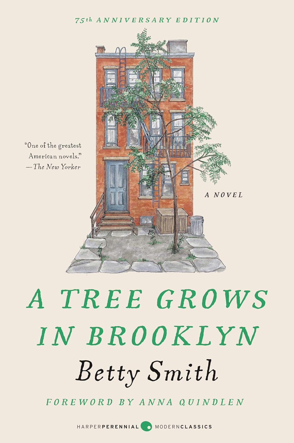 A Tree Grows in Brooklyn by Betty Smith book cover. An apartment building with a tree growing next to it.