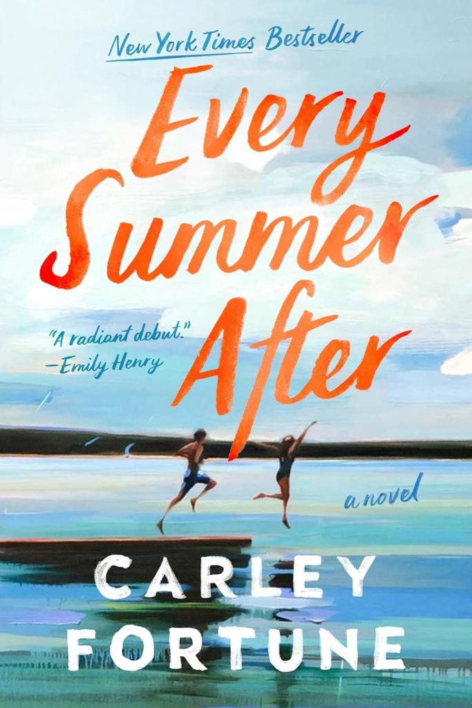 Every Summer After by Carley Fortune book cover. A painting of a doc on a lake with two figures, a woman and a man jumping off into the water.