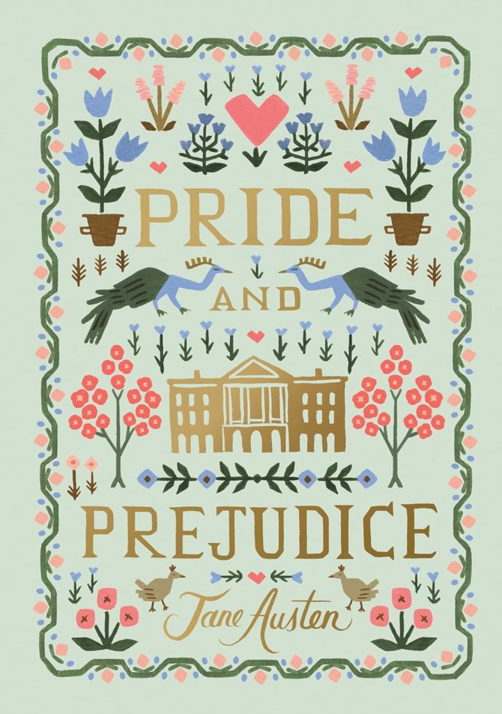 Pride and Prejudice by Jane Austen book cover. Mint green background with simplistic versions of symbols from the story like an estate, flowers, hearts, and birds.