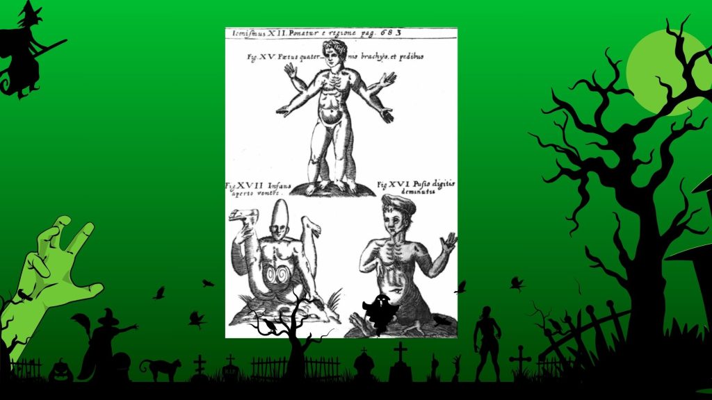 Neon green background and a graveyard scene silhouetted in black. There is a green hand rising out of the ground, a dark figure standing among the graves, and a witch flying by on a broom. In the center of the image is a page from Physica Curiosa, depicting conditions of children.