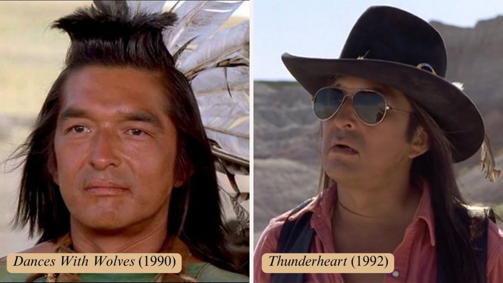 A collage of two images of the actor Graham Greene. On the left is a still from the 1990 movie Dances with Wolves. On the right is a still from the 1992 movie Thunderheart. In the bottom left corner of both images is a cream block with the film credit in black.