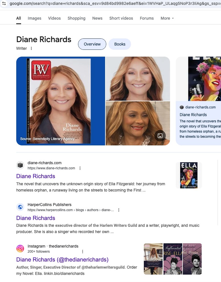 The Google search on Diane Richards showing three photos of her, her website link, a Harper Collins Publishers link, and her Instagram link.