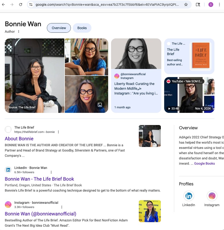 The Google search on Bonnie Wan with phots of her on the top. The link below is About Bonnie. The link below that is her LinkedIn, and the third link is her Instagram account link.