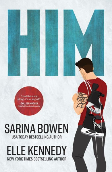 Book cover of "Him" by Sarina Bowen and Elle Kennedy. A man with a tattoo holds skates, standing under large blue text "HIM" on a light background.