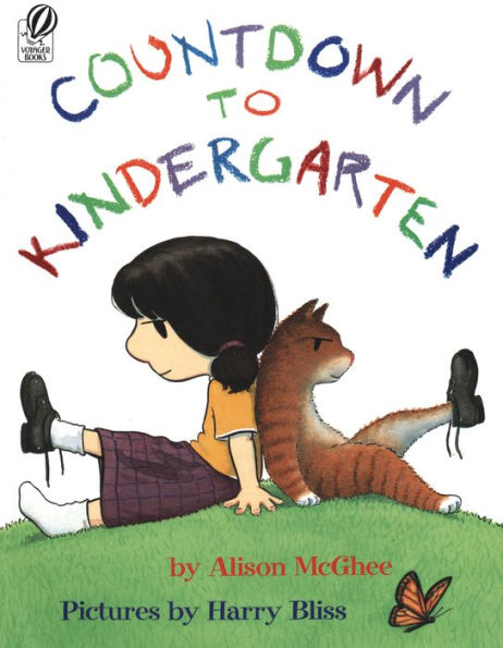 Book cover of "Countdown to Kindergarten" by Alison McGheeshows a girl sitting on grass with a cat, both wearing black shoes. The title is in colorful, playful letters.