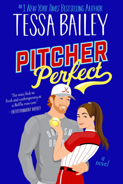 Book cover of "Pitcher Perfect" by Tessa Bailey. A man in a baseball cap and a woman in a red uniform embrace, smiling warmly.