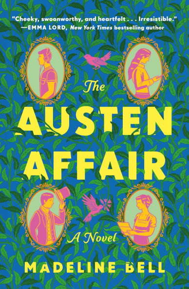 Book cover of "The Austen Affair" by Madeline Bell. Bright green leaves background with pink bird and framed profiles of people reading.