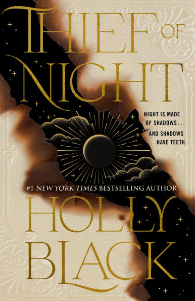 Book cover of "Thief of Night" by Holly Black. Features golden text over a dark sunburst and clouds.