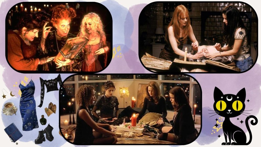An image showing pink and puple clouds, a magic black cat, and an assortment of whimsigoth fashion. There are also three framed screenshots from the movies Hocus Pocus, Practical Magic, and The Craft.