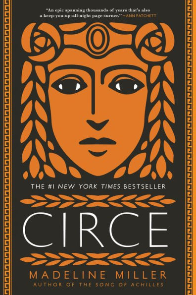 Book cover of Circe by Madeline Miller. Features an orange, stylized face of a woman surrounded by a Greek meander pattern.