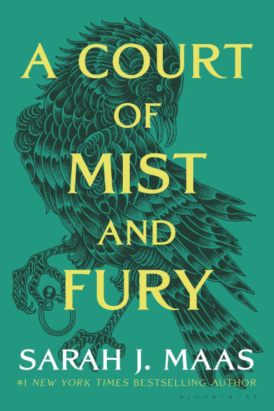 Turquoise book cover of "A Court of Mist and Fury" by Sarah J. Maas features a detailed black raven illustration.