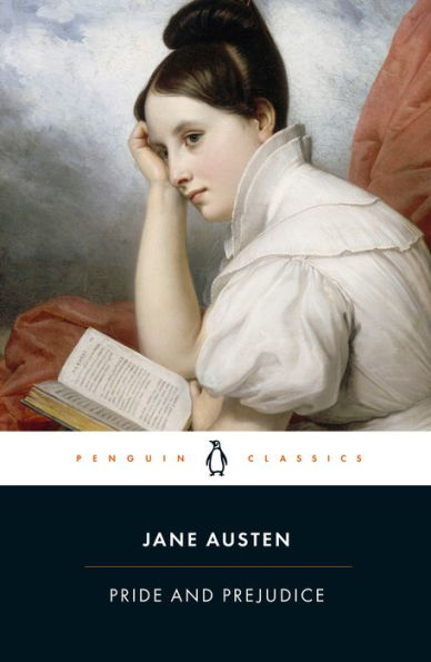 Penguin Classics book cover of "Pride and Prejudice" by Jane Austen. A thoughtful woman with dark hair rests her head on her hand, holding an open book. She wears a white dress, set against a soft backdrop.