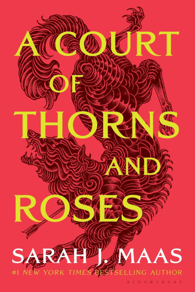 Book cover of "A Court of Thorns and Roses" by Sarah J. Maas. Bold yellow text overlays an intricate black and red floral design in the shape of a wolf.