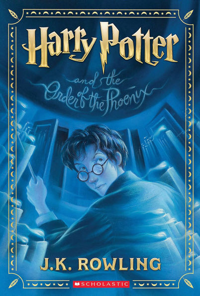 Book cover of "Harry Potter and the Order of the Phoenix" by J.K. Rowling. Harry Potter, with glasses, looks over his shoulder in a mysterious blue-hued library.
