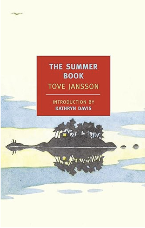 The Summer Book by Tove Jansson. Features a minimalist watercolor-style illustration of a small island with trees and a cabin reflected in calm water, under a pale sky.