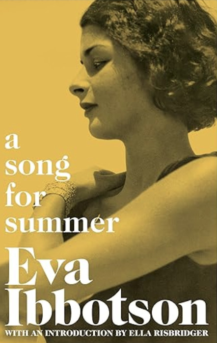 A Song for Summer by Eva Ibbotson. Shows a sepia-toned photograph of a woman with short curled hair and a serene expression, facing sideways against a golden background.