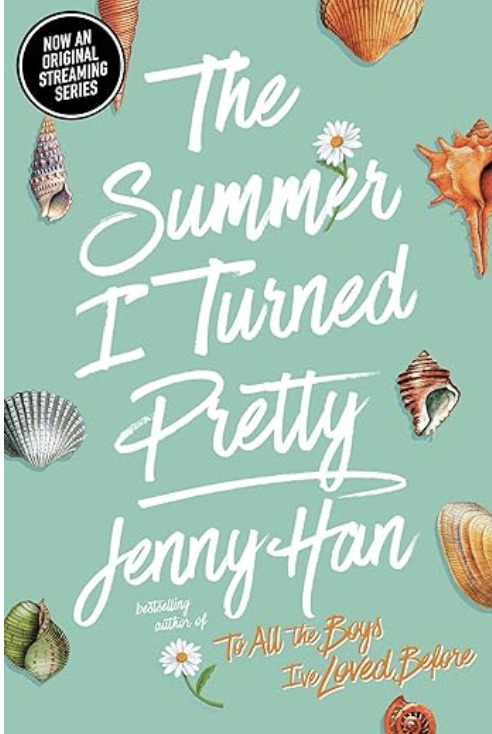The Summer I Turned Pretty by Jenny Han. Features white handwritten-style text on a turquoise background scattered with colorful seashells and flowers.