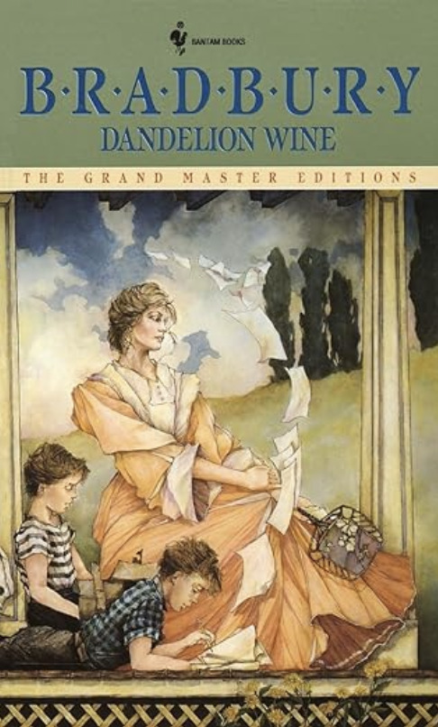 Dandelion Wine by Ray Bradbury. Features a vintage-style illustration of a woman in a flowing orange dress seated near two boys, with sheets of paper flying in the breeze outside a large open window.