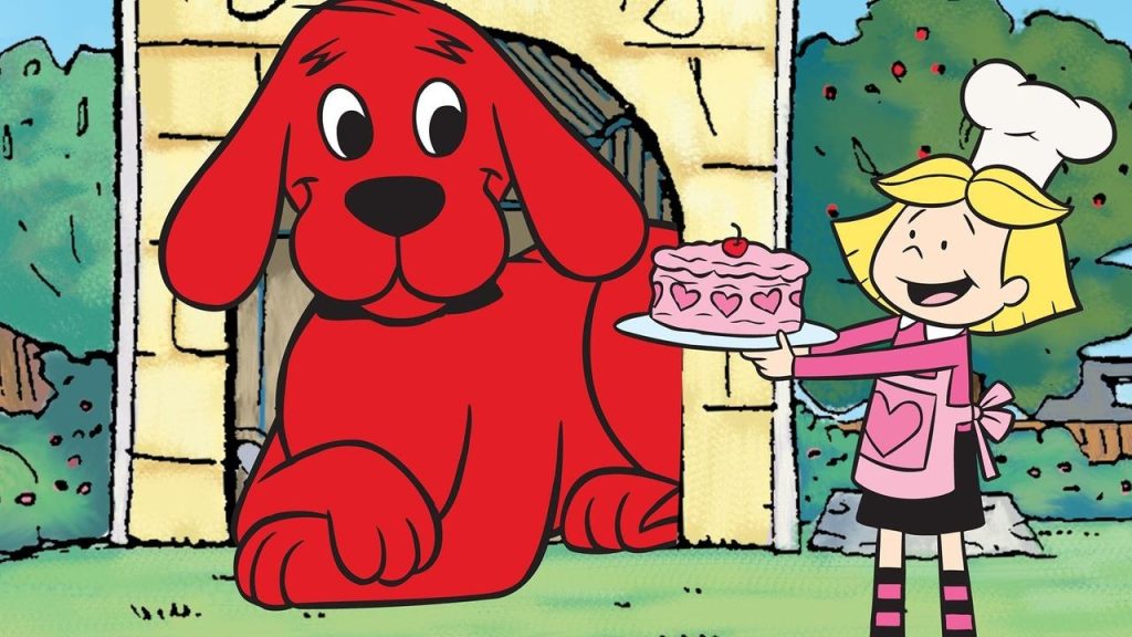 Still from Clifford the Big Red Dog animated series, depicting Clifford sitting in his dog house smiling at Emily, who is holding a pink cake and wearing an apron and chef's hat. The background around them has trees and grass.